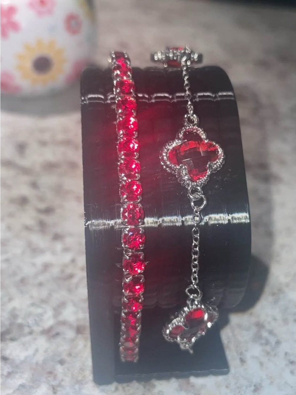 Red Crystal Tennis Bracelet and Clover-Link Bracelet Set